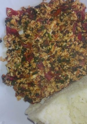 A picture of Fried Eggs with Ugali.