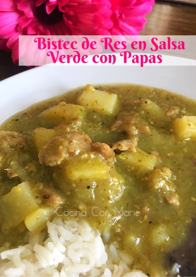 Una foto de Bistec de res en salsa verde con papas 🥩