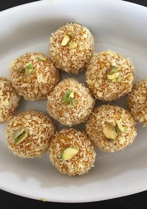 A picture of Mango coconut ladoo.