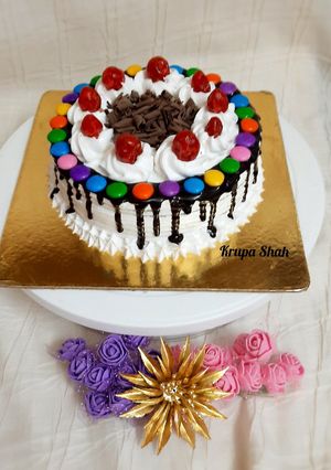 A picture of Black forest cake (No egg, No Maida).
