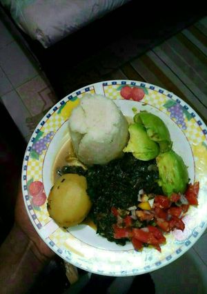 A picture of Ugali terere with pan-fried waru and ovacado.