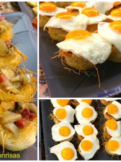 Una foto de Nidos con jamón , champiñones y huevos de codorniz