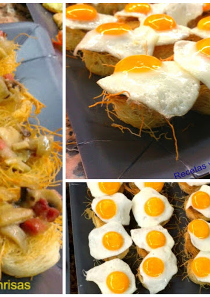 Una foto de Nidos con jamón , champiñones y huevos de codorniz