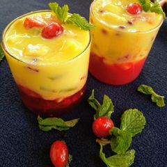 Fruit custard with jelly dessert A picture of Fruit custard with jelly dessert.