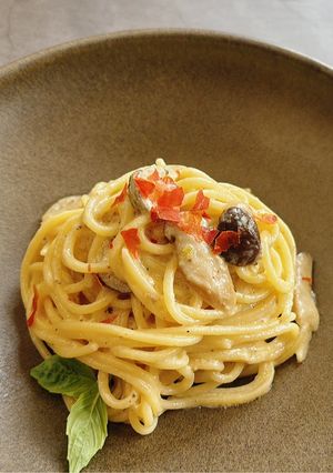 Hình của món Mì Ý sốt kem nấm Truffle và nấm mỡ.