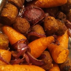 A picture of Sticky roasted roots, with falafel.