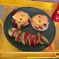 A picture of Eggs Benedict with Confit Oyster Mushroom medley.