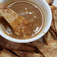 A picture of Dessert Cinnamon Sugar Tortilla Chips with Apple Caramel "Salsa".