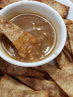 A picture of Dessert Cinnamon Sugar Tortilla Chips with Apple Caramel "Salsa".