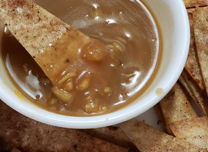 A picture of Dessert Cinnamon Sugar Tortilla Chips with Apple Caramel "Salsa".