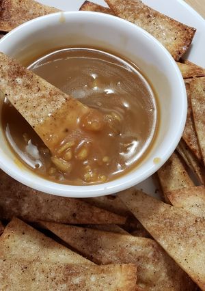 A picture of Dessert Cinnamon Sugar Tortilla Chips with Apple Caramel "Salsa".