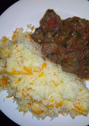 A picture of Wet fried Beef with Carrot Rice.