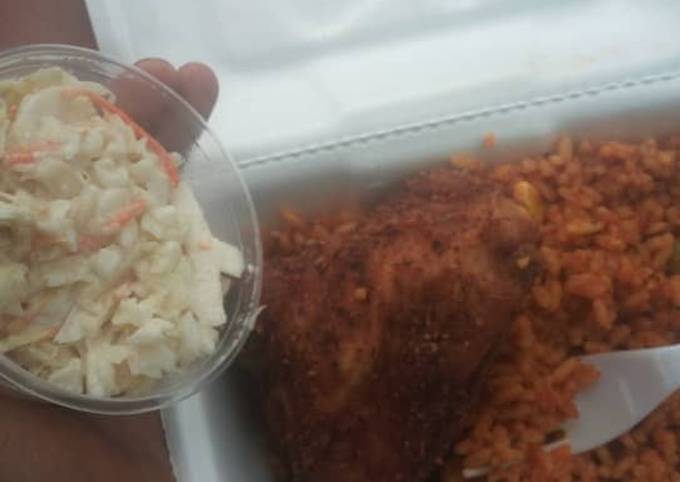 Jollof rice,fried chicken and coleslaw