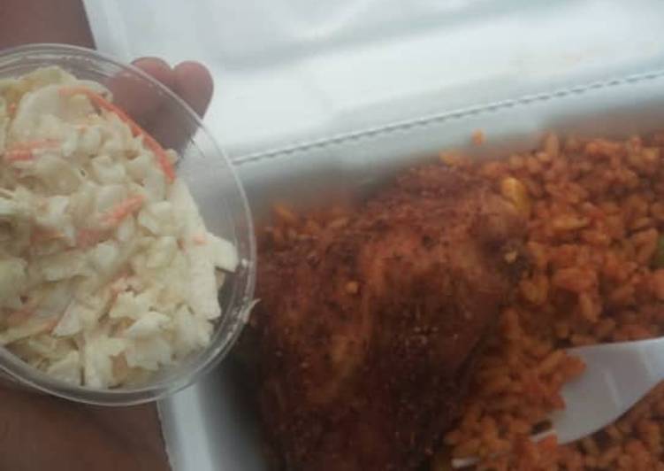 Jollof rice,fried chicken and coleslaw