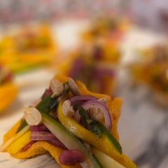 Rainbow mango relish with crispy chips A picture of Rainbow mango relish with crispy chips.