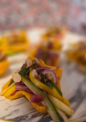 A picture of Rainbow mango relish with crispy chips.