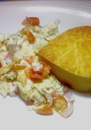 A picture of Scrambled egg sauce and pancake of love.