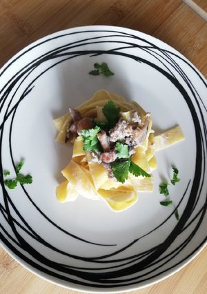 A picture of Tagliatelle with Mushrooms, Sausage, and Cream.