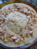 Strogonof de pollo con arroz frito