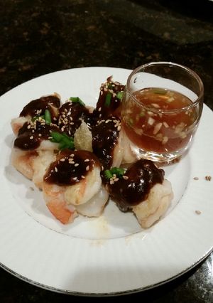 A picture of Brad's prawns in black bean and lemongrass sauce.