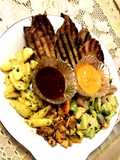 Grilled Cold Beef with Sauté Vegetable, Potato Wedges and Garlic Mushrooms