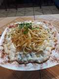 Spaghetti dorados con champiñones a la crema