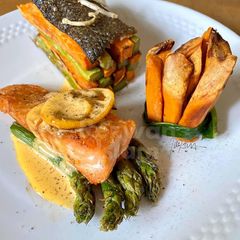 “Gourmet(ish)” salmon with asparagus and sweet potatoes A picture of “Gourmet(ish)” salmon with asparagus and sweet potatoes.