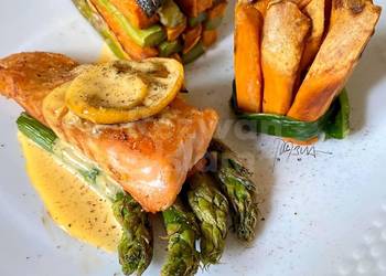 Popular Cuisine Gourmetish salmon with asparagus and sweet potatoes Home Style