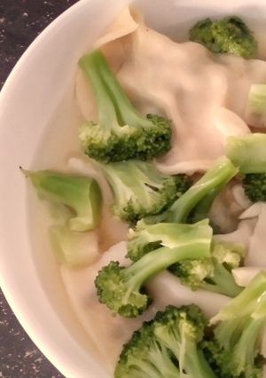 A picture of Brocolli and Dumpling Soup.