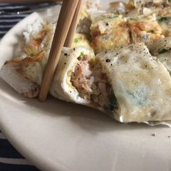 A picture of WFH special - mimic Taiwanese Dan Bing (rolled egg crepes) 🥚.