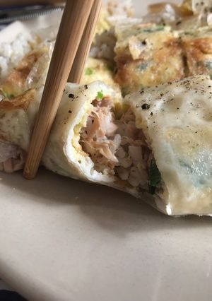 A picture of WFH special - mimic Taiwanese Dan Bing (rolled egg crepes) 🥚.
