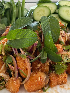 A picture of Northeastern Thai style : Deep Fried Salmon Spicy Salad‼️.