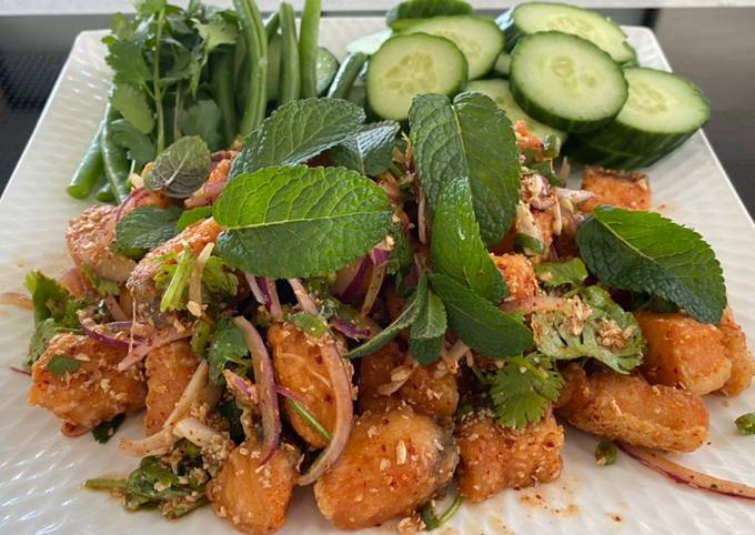 Northeastern Thai style : Deep Fried Salmon Spicy Salad‼️