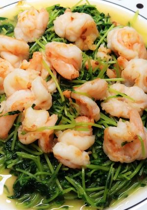 A picture of Sautéed Pea Shoots with Shrimp.