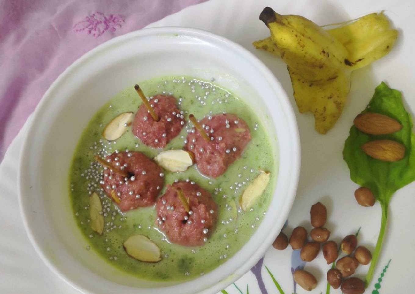 Peanut Lollypops in Banana Spinach Rabdi