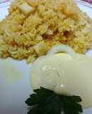 Arroz a banda con dados de jibia y camarón