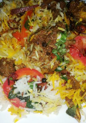 A picture of Mutton tikkah boti biryani.