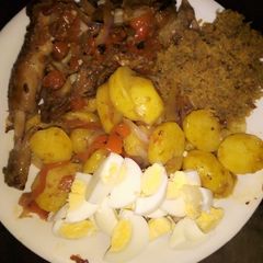 A picture of Irish Potatoes with pepper chicken.