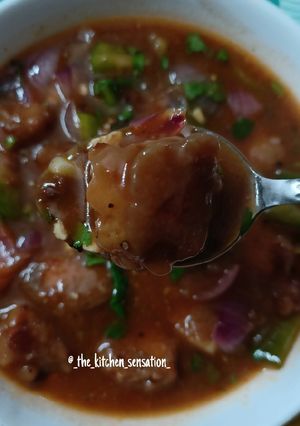 A picture of Paneer Manchurian gravy (A gravy saucy version).