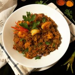 Prawn Baingan Bharta (Mashed Eggplant cooked with Prawns) A picture of Prawn Baingan Bharta (Mashed Eggplant cooked with Prawns).