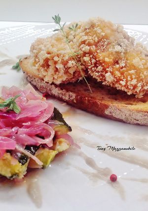 A picture of Fried Rabbit Chops, Marinated Zucchini, and Sweet Onion Cream.