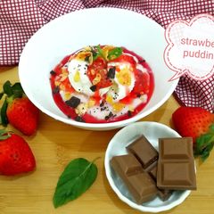 A picture of Strawberry Pudding With Frozen Yogurt And Strawberry Reduction.