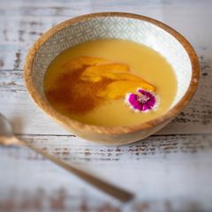 A picture of Nectarine soup with coconut milk.