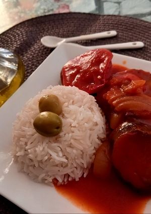 صورة لوصفة تبسي الباذنجان بالبطاطا والفلفل الاحمر