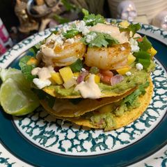 A picture of 3 Layer Stacked Shrimp Toastsda w/ Chipotle Sour Cream.