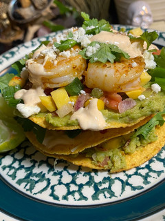A picture of 3 Layer Stacked Shrimp Toastsda w/ Chipotle Sour Cream.