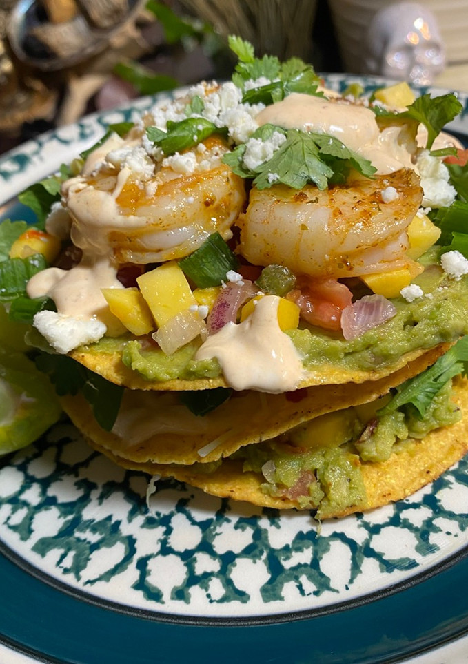 A picture of 3 Layer Stacked Shrimp Toastsda w/ Chipotle Sour Cream.