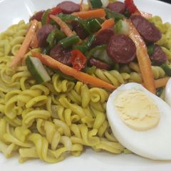 A picture of Pasta with egg,sausages and vegetables.