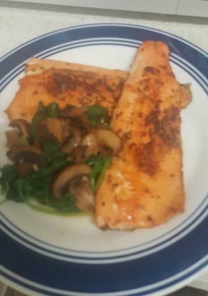 A picture of Saute trout/ baby spinach and baby Bella mushrooms.