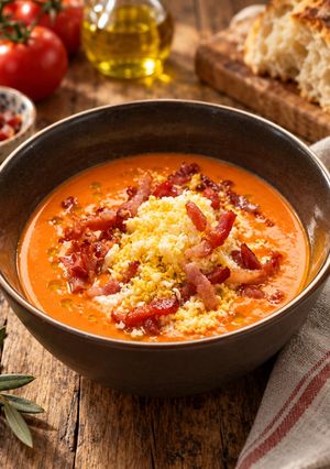 Una foto de Salmorejo con Huevo Cocido y Beicon Crujiente
